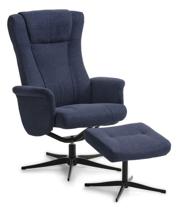 Liam recliner lænestol, inkl. fodskammel - blå polyester stof og sort aluminium