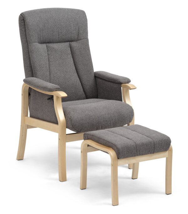 Oxford recliner lænestol, inkl. fodskammel - antracitgrå polyester stof og natur træ