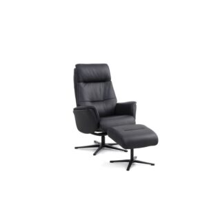 Malthe lænestol, m. fodskammel, vippefunktion, armlæn - sort semianilin læder og sort metal