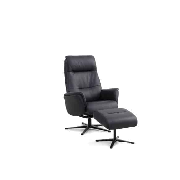 Malthe lænestol, m. fodskammel, vippefunktion, armlæn - sort semianilin læder og sort metal