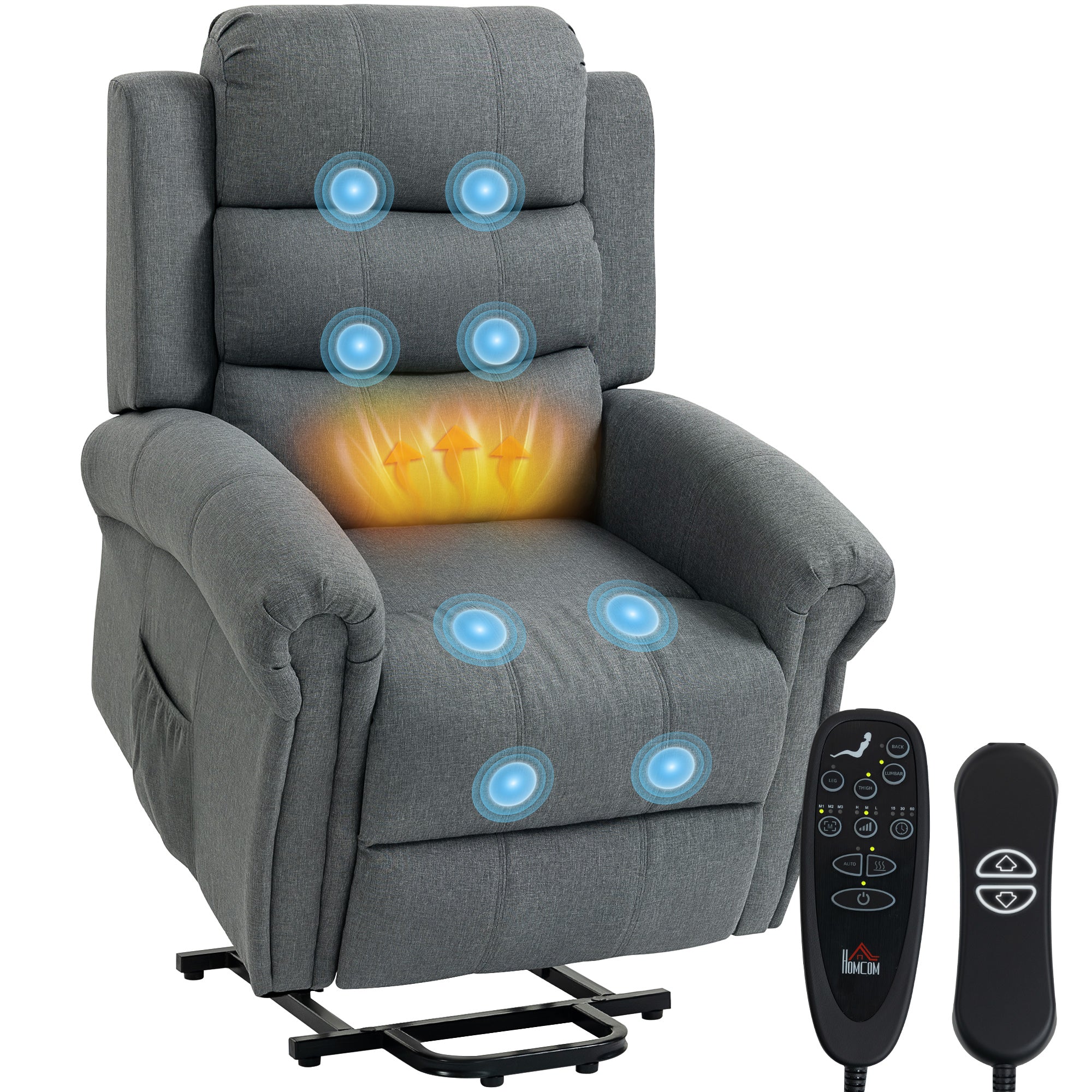 Massagestol med løftehjælp, lænestol, vibrerende hoveder, med vippefunktion, linnedlook, grå